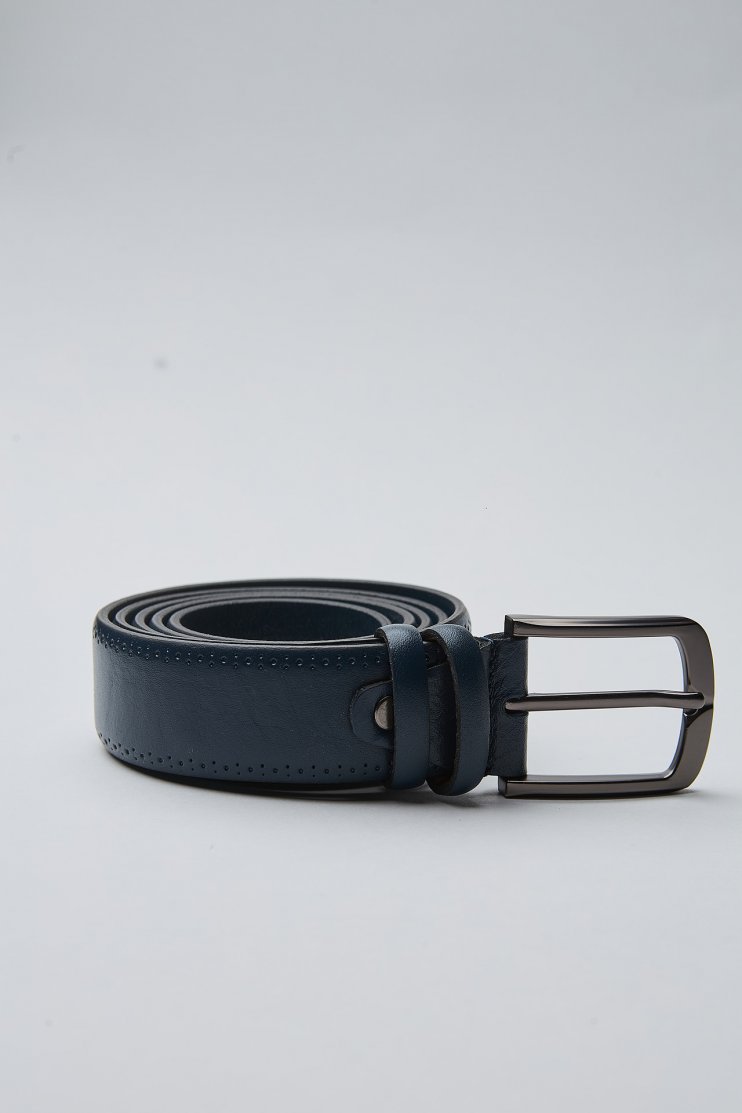 Мужской ремень синий кожаный с перфорацией