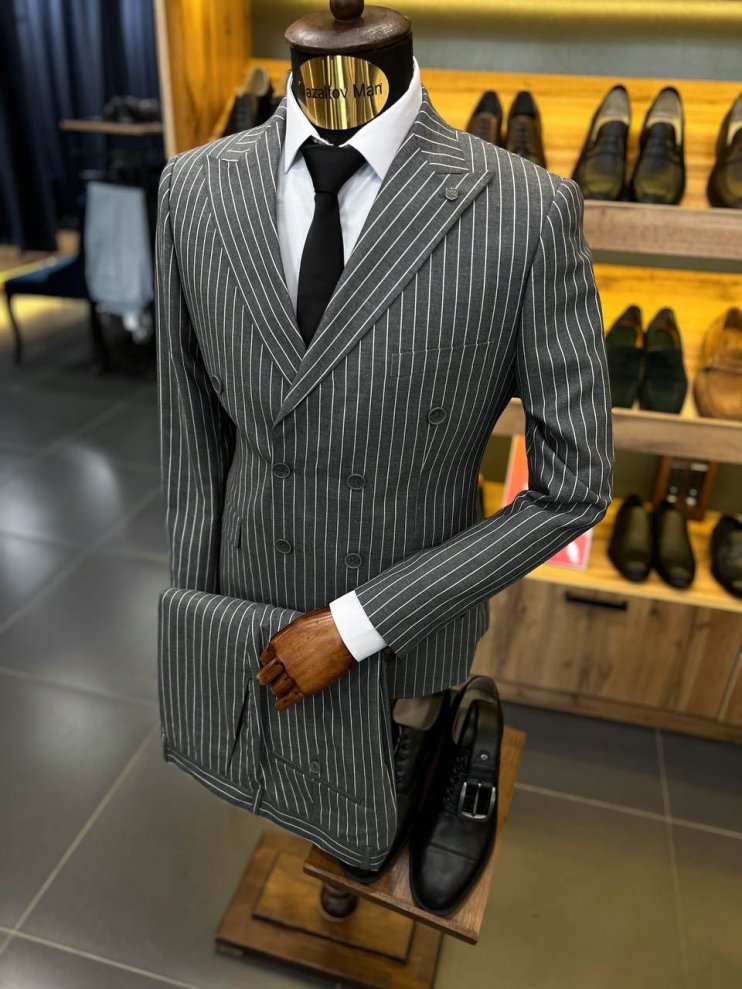 Костюм МИР 2-ка Серый в полоску двубортный